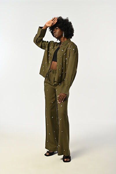 Orfeo Negro Women's Front Stone Embroidered Khaki Color Shirt