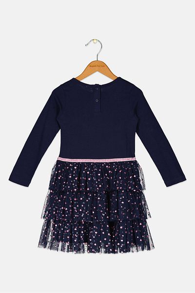 Miss Toddlers Girl Round Neck Long Textured Dress, Navy