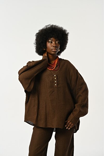 Orfeo Negro قميص نسائي 100% من الكتان بأكمام طويلة وأكمام طويلة باللون البني