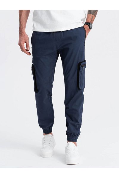 OMBRE Pánské kalhoty JOGGER s cargo kapsami na zip - tmavě modrá V5 OM-PAJO-0135 M