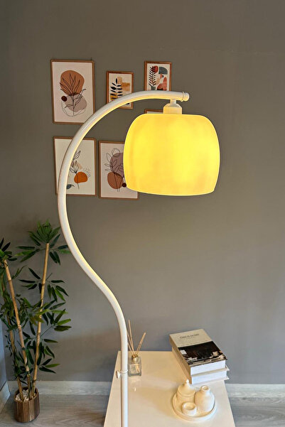 Bamyum Dijon Beyaz Gövde Beyaz Cam Lambader Modern Dekoratif Metal Oturma Odası Çalışma Odası Zemin Lambası