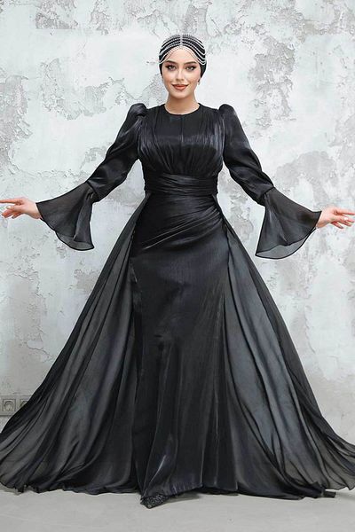 Neva Style Μαύρο βραδινό φόρεμα Hijab με ουρά 4986s
