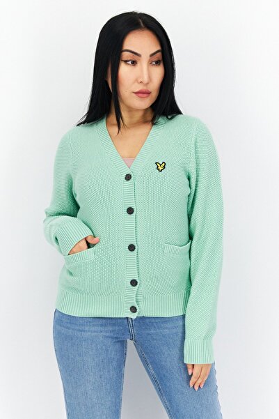 Lyle & Scott Women V-Neck Long Sleeve Embroidered Logo Cardigans, Pale Teal