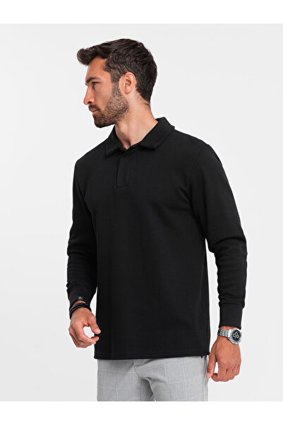 OMBRE Pánská mikina s pololímečkem ze strukturovaného úpletu - černá V8 OM-SSNZ-0149 S