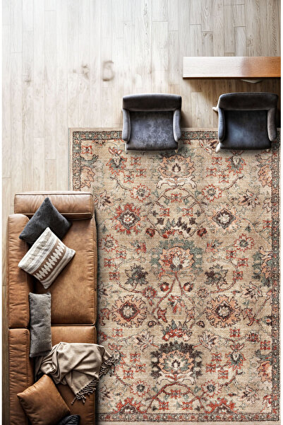 BigArts Home Bej, Yeşil Ve Kırmızı Çiçek Desenli Vintage Halı Dijital Şönil Halı