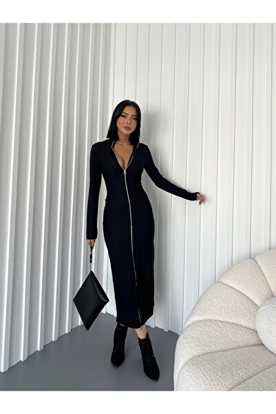 khar Λεπτομέρεια με φερμουάρ Μαύρο μακρυμάνικο μαύρο φόρεμα