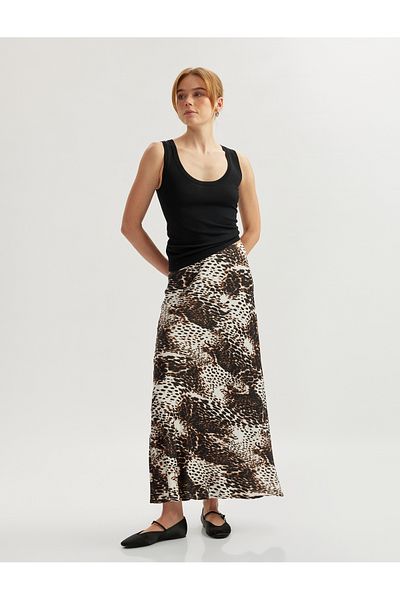 Koton Fusta lungă evazată din satin cu model leopard cu talie standard