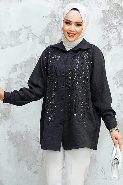 Neva Style Cămașă neagră cu hijab brodat cu margele 45280S