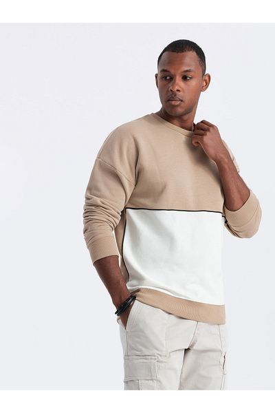 OMBRE Ανδρικό φούτερ OVERSIZE με συνδυασμό χρωμάτων σε αντίθεση - μπεζ V2 OM-SSNZ-0130 M