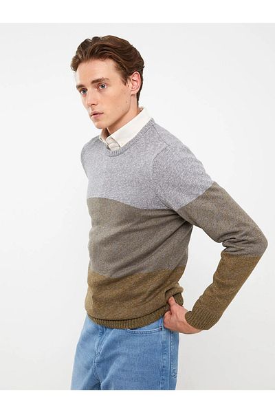 LC Waikiki Lcwaikiki Classic Khaki Crew Neck Long Sleeve Color-Blocking Men's Knitwear Sweater