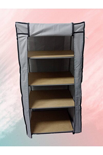 BurakBezDolap 4 Bölmeli Tahta Raflı Çelik Borulu Çok Amaçlı Portatif Bez Gard...