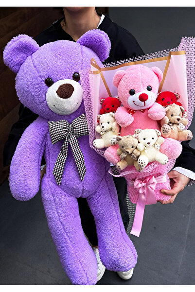 lenostra Sevgiliye Hediye 90cm Mor Ayıcık ve Büyük Ayıcıklı Ayıcık Buketi Pel...