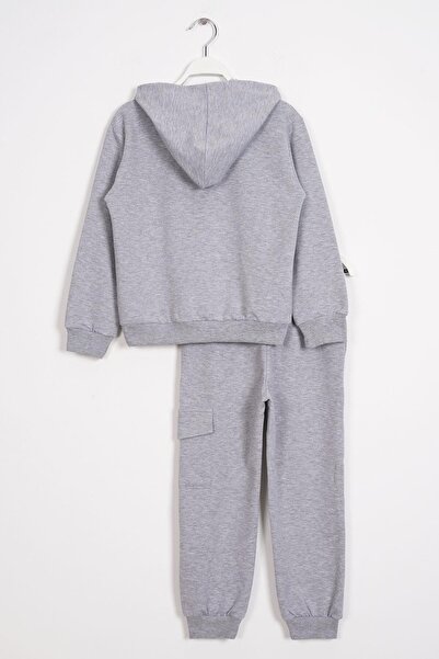 zepkids Hooded Cargo Pocket Gray Melange Color Boy's Tracksuit Set