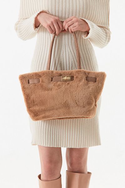 Fulla Moda Plush Handle Bag with Furry Buckle Detail