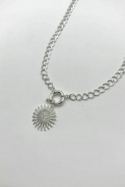 DEMOKAN Kadın Kolye Düz Zincir 14k Renk Zirkon Taşlı Güneş Kolye