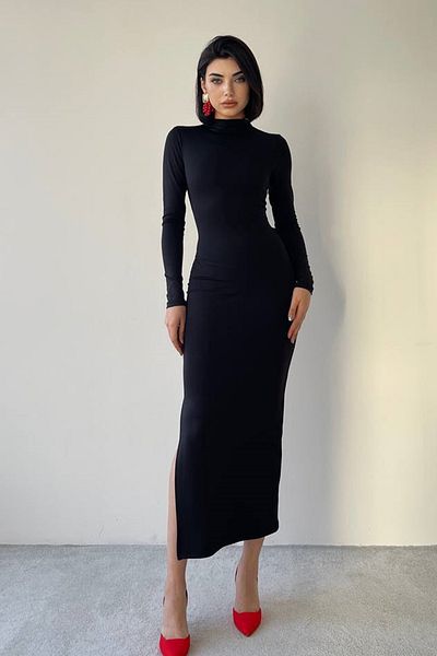 barış sülün lovebox Midi Black Dress with Stretchy Sandy Fabric - Low Back Cutout and Slit 327
