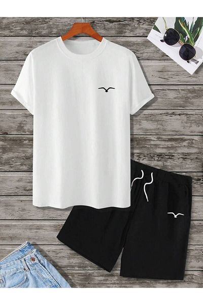 Wish BF Seagull Desing Printed Unisex Μαύρο Oversize Σορτς και T-shirt - Καλοκαίρι