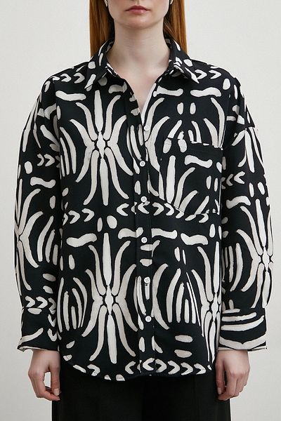Never more Black Crepe Shirt - Contrast Ethnic Pattern