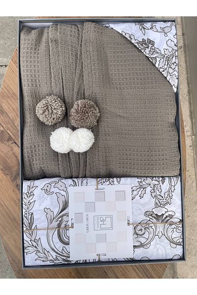 Sudem Home Collection Mink Colored Double Pompom Dowry Pique Set