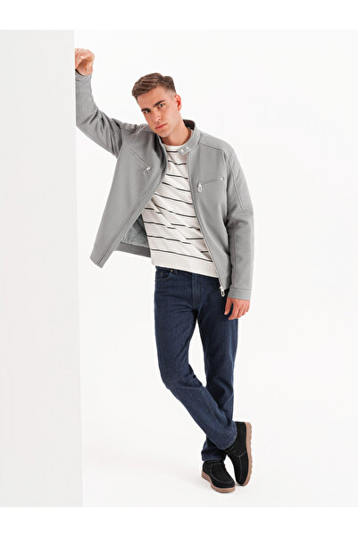 OMBRE Ανδρικό biker jacket με τσέπες και γιακά - γκρι V3 OM-JALP-0157 XXL