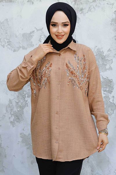 Neva Style Cămașă Hijab Camel Brodată cu margele 4526C