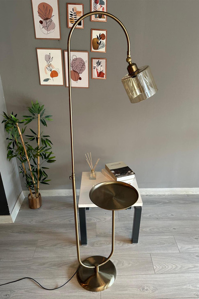 Bamyum Lille Bal Rengi Cam Lambader Modern Dekoratif Metal Oturma Odası Çalışma Odası Zemin Lambası