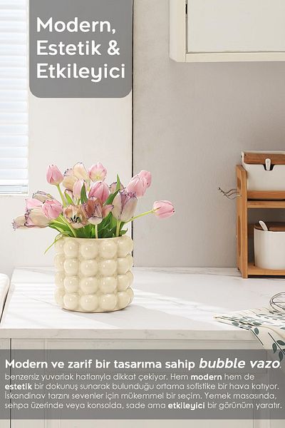 Meleni Home Κεραμικό Βάζο Bubble - Διακοσμητικό Βάζο Bubble Flower Pampas Βάζο Πάγκος Κουτάλι 12,5cm Κρέμα