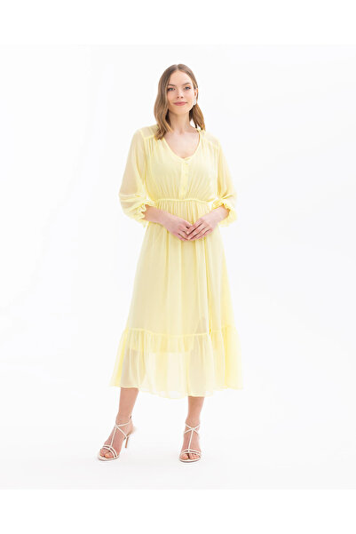 SEÇİL V Yaka Beli Büzgülü Elbise