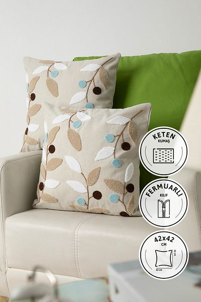 FAVORA Husa de perna brodata din 2 piese Olivia Linen - 42x42 Albastru
