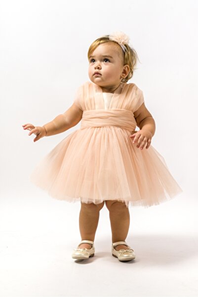 Wecan KIZ BEBEK SAÇ BANTLI SOMON RENGİ ABİYE ELBİSE/MEVLÜT ELBİSESİ