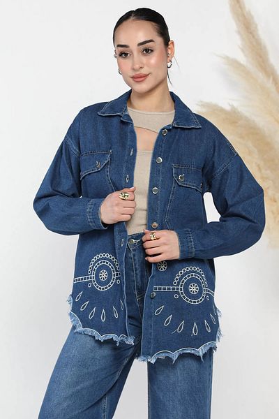 GÜLSELİ Jachetă de damă din denim cu ciucuri brodate albastră