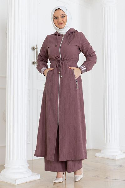 Modamihram Dusty Rose Hoodie and Lace up Waist Suit - 19236