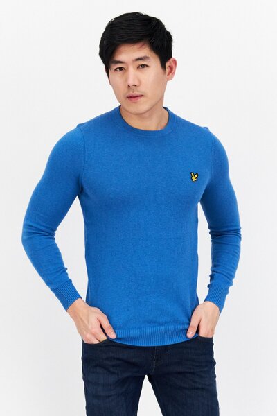 Lyle & Scott سترة رجالية بشعار مطرز بأكمام طويلة وياقة دائرية، لون أزرق ييل