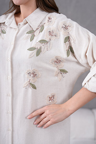 MVStore Women's Floral Print Embroidery Embroidered Linen Oversize Shirt and Pants
