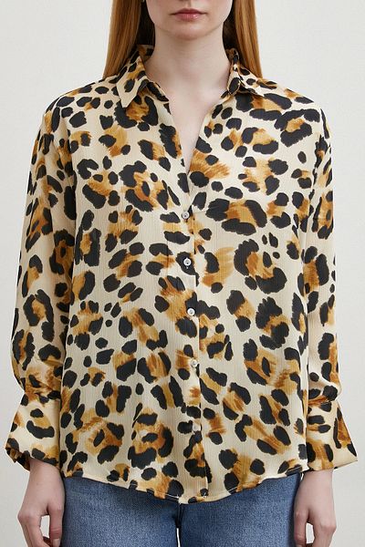 Never more Beige Leopard Print V-Neck Shirt