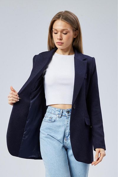 BUTİK ELAJ Women's Navy Blue Single Button Woolen Jacket