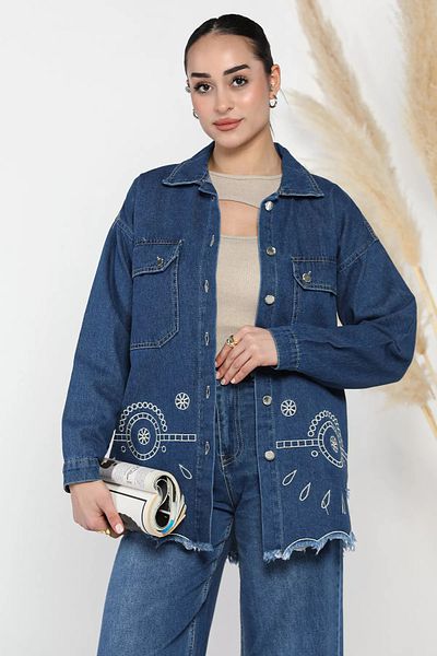 GÜLSELİ Jachetă de damă din denim cu ciucuri brodate albastră