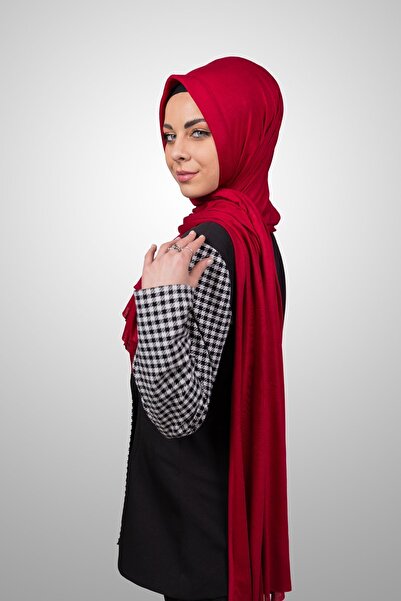 Şalcenneti.com Women's Hijab Practical Combed Cotton Shawl with Sponge Front Ready-Made Red Color Scarf