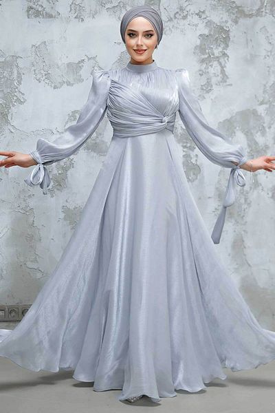 Neva Style Grey Hijab Evening Dress with Draped Detail 4823Gr