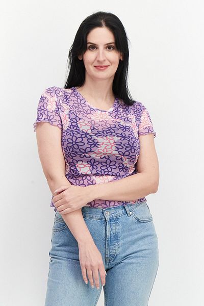 Misfit Women Crew Neck Short Sleeves Printed Top, Lilac Combo