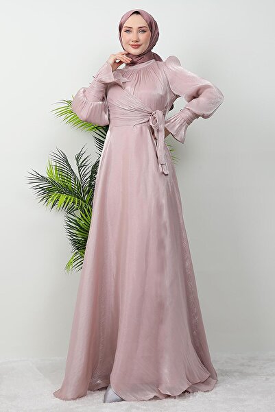 giz astore Fiyonk Detay İpek Abiye Açık Gül Kurusu