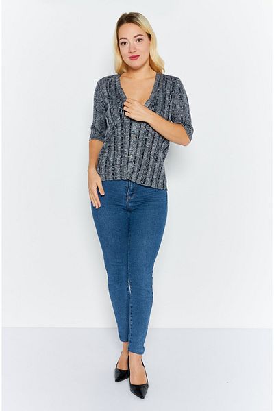 Esprit Women V-neck Textured Sweater, Navy Blue Combo