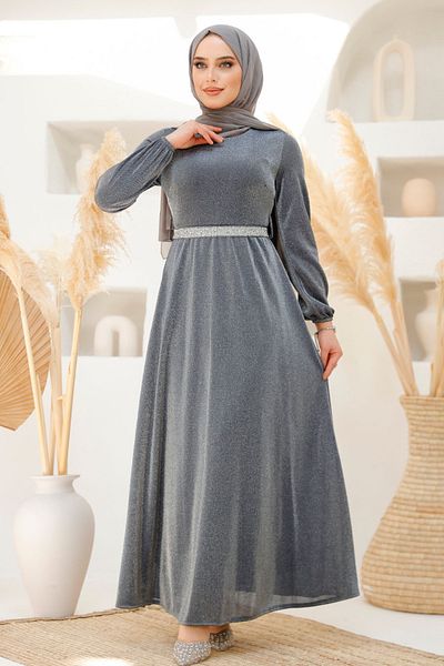 Neva Style Hijab Evening Dress - Silvery Navy Blue Hijab Evening Dress 42541L