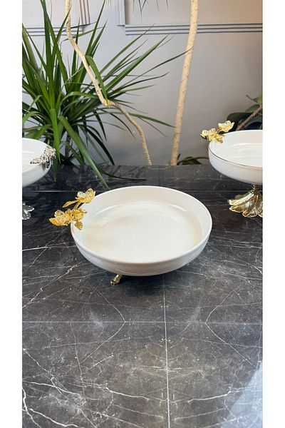 MAY HOME Double Flower Model - Gold Metal Standing Salad Presentation Bowl and Saucer
