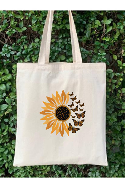 Cemira Papatya ve Kelebek Tasarım Ham Bez Tote Bag Çanta, Pinterest Çanta, Ki...