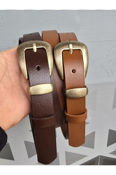 Kemerix 100% Genuine Leather Antique Finish Buckle Tan-Bitter Brown 2-Piece Belt Set
