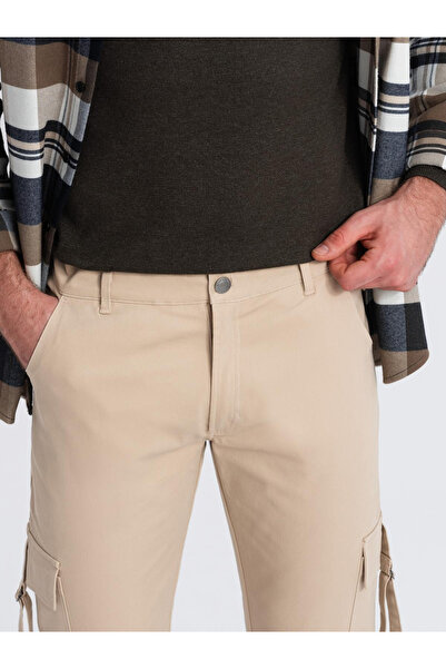 OMBRE Ανδρικό παντελόνι cargo STRAIGHT LEG με ριγέ τσέπες - άμμος V2 OM-PACG-0197 M