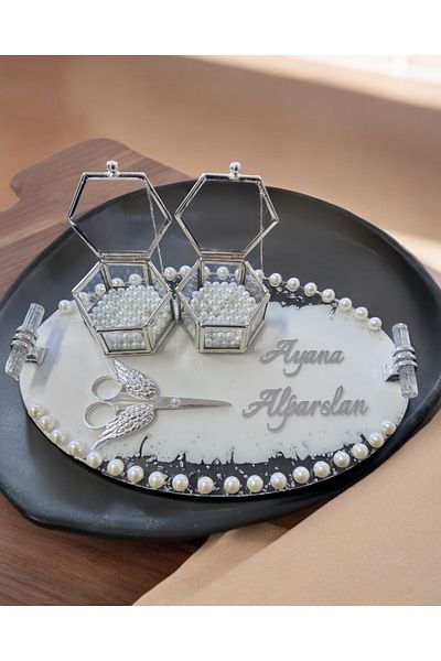 CyzHome Silver Promise Engagement Tray with Violet Pearls