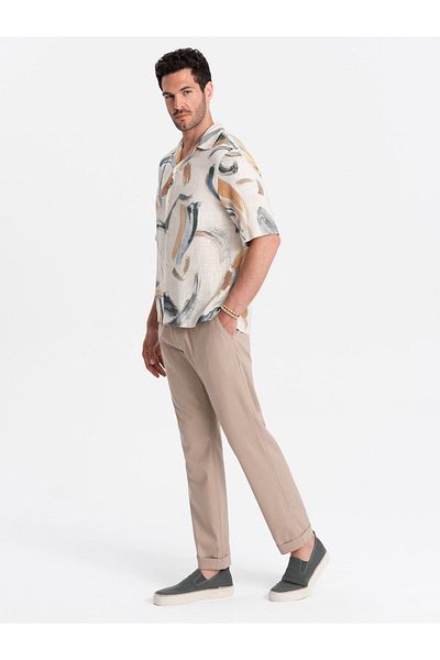 OMBRE Herren Chinohose aus Leinenmischung mit Aufkrempelung - Hellbraun V3 OM-PACP-0198 XXL