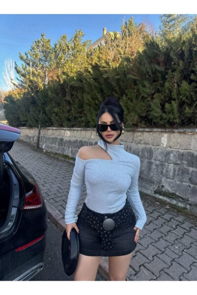 BİGÜMEX Kadın Uzun Kollu Yarım Balıkçı Yaka Omuzu Açık Kaşkorse Bluz